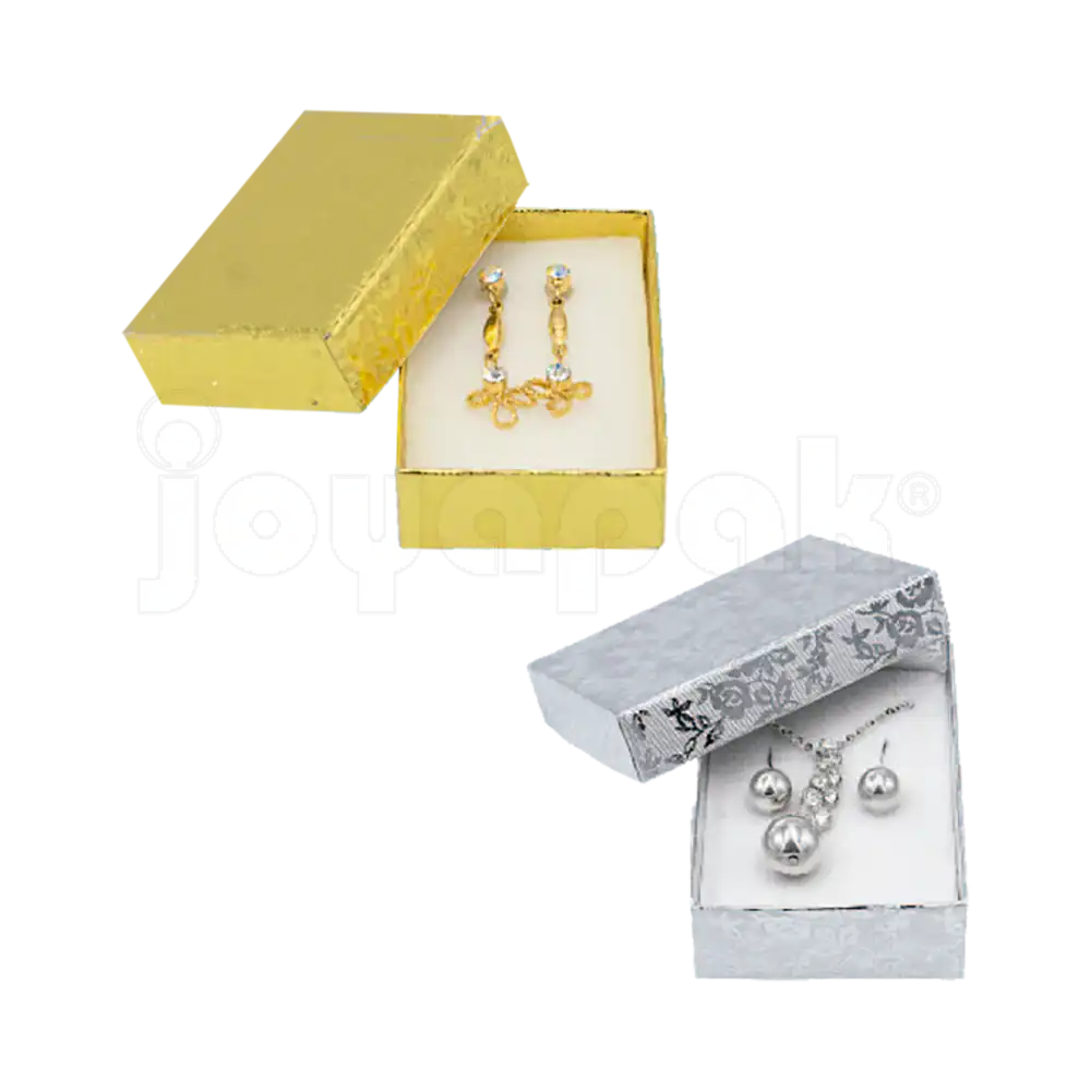 Caja Fiore mediana para juego de joyería en color dorado y plateado con acabado metálico y diseño floral.