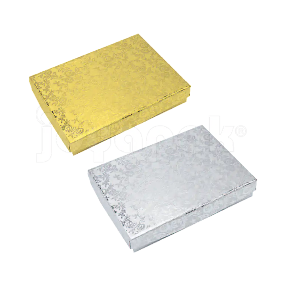 Grupo de cajas Fiore para collar chico en colores dorado y plateado, disponibles para venta al por mayor.