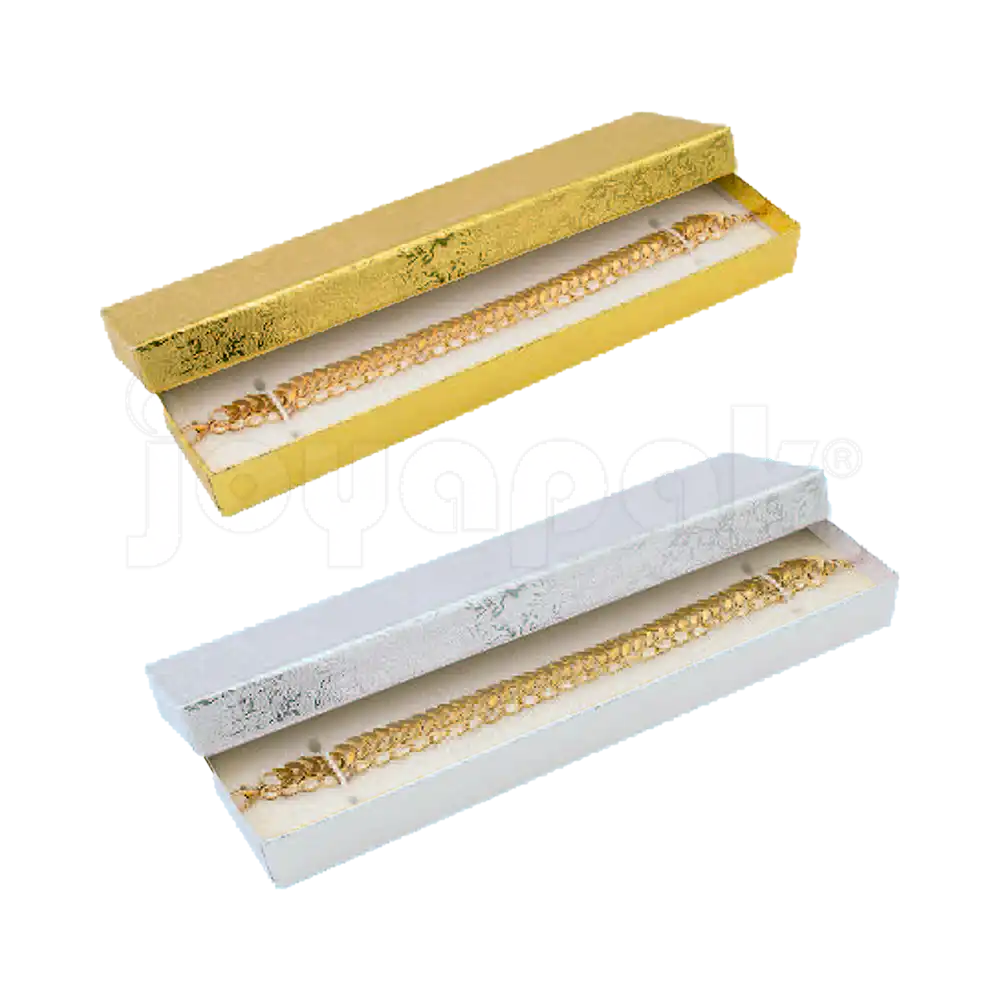 Cajas Fiore rectangulares en colores dorado y plateado apiladas para venta por mayoreo.