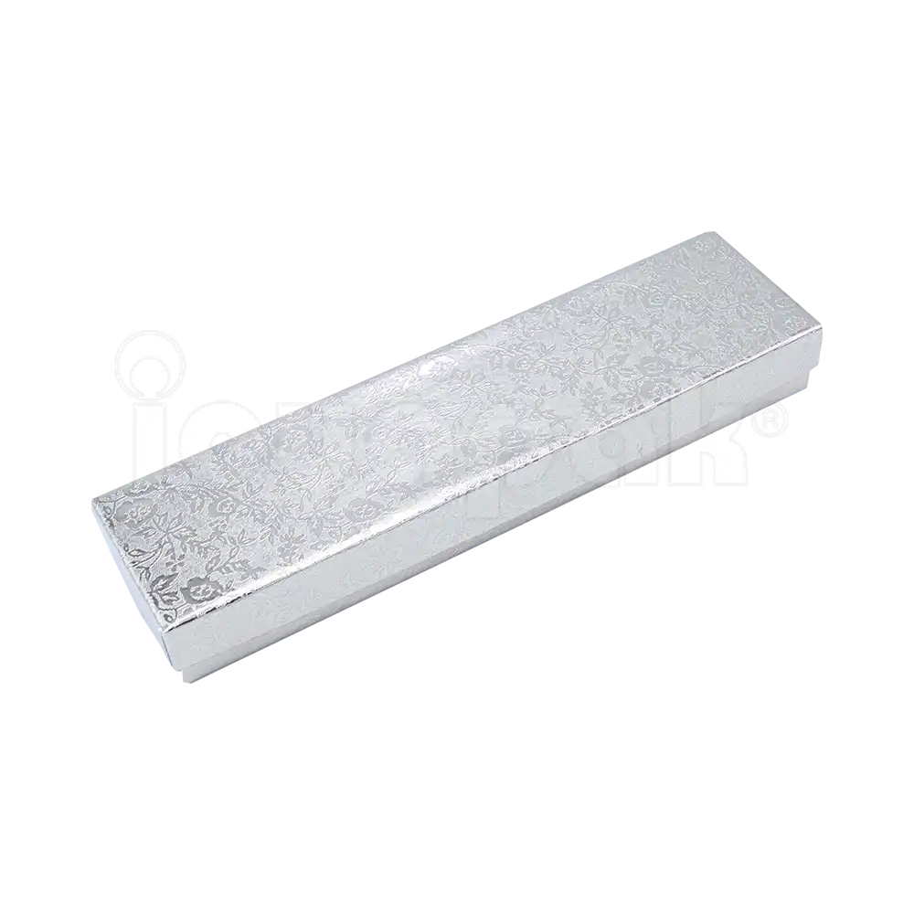 Caja para pulsera Fiore de formato rectangular en un moderno acabado plateado metalizado.