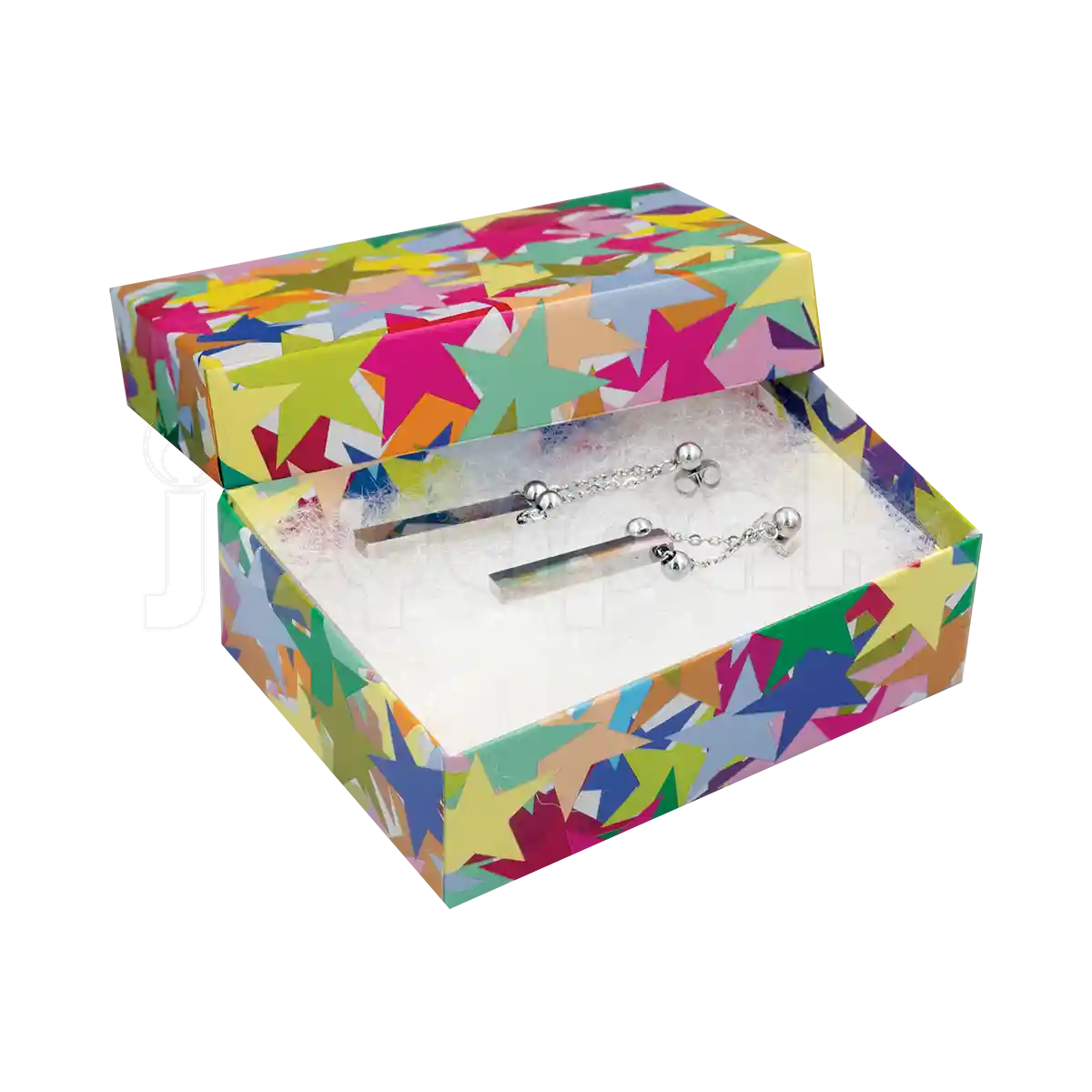 Dimensiones de la caja mediana para joyería Fancy de Joyapak, medidas 7.3 cm por 7.3 cm por 3.5 cm.