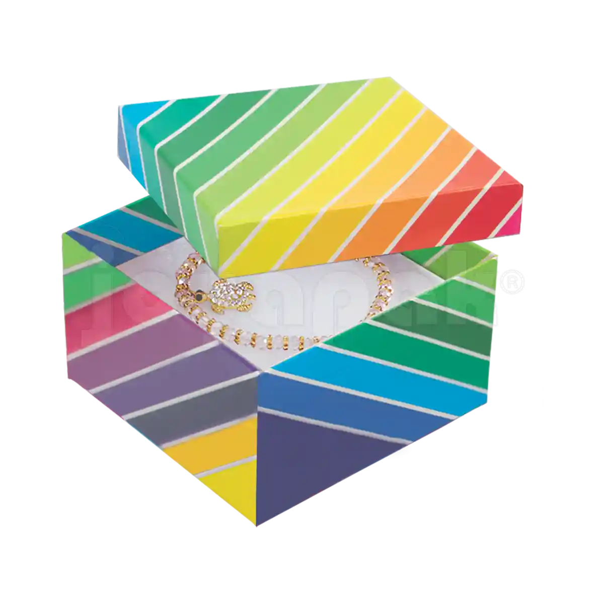 Caja cuadrada alta para reloj abierta, mostrando el cojín interior de algodón para acomodar la pieza.