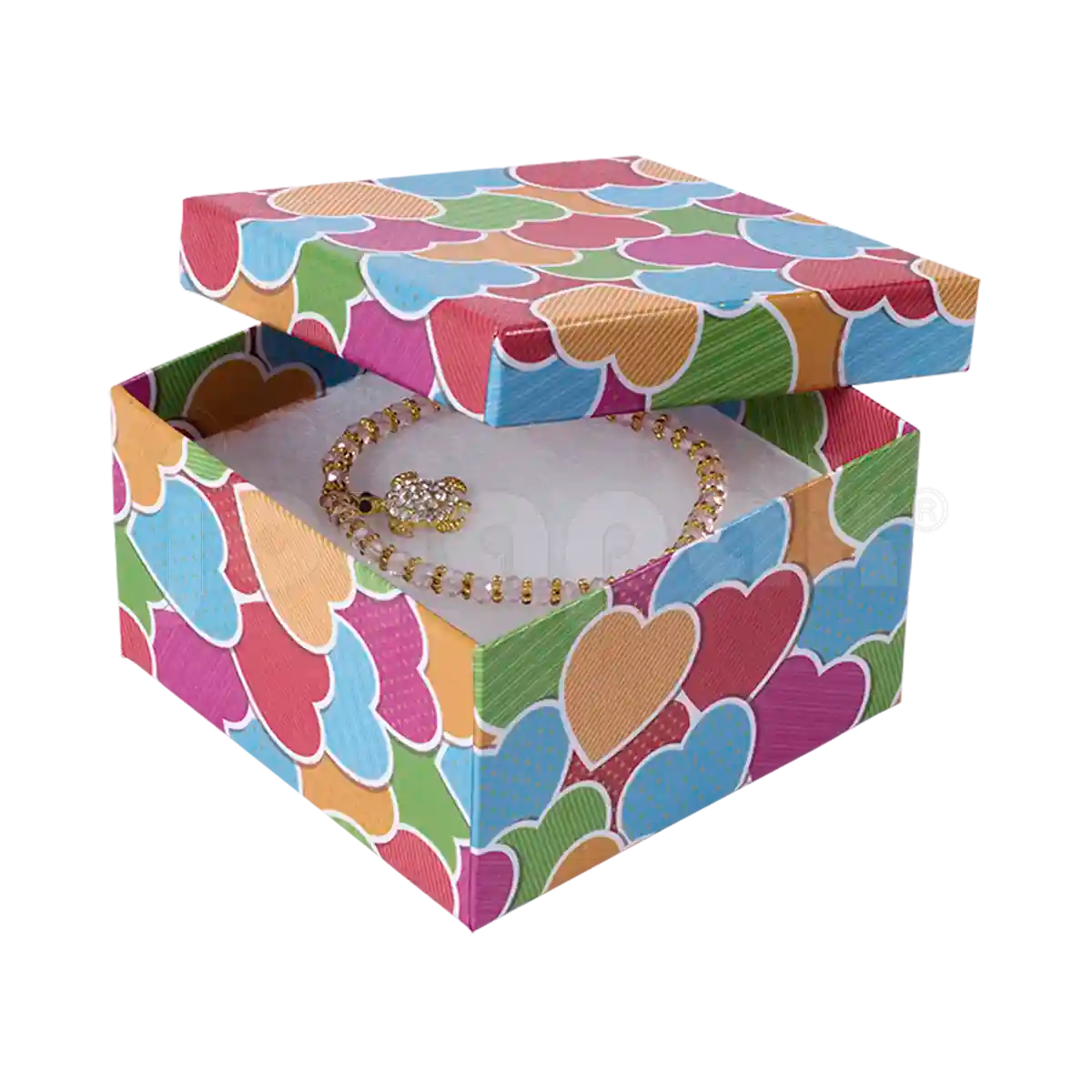 Medidas de la caja cuadrada alta Fancy de Joyapak, 9.2 cm por 9.2 cm y 6.3 cm de alto.