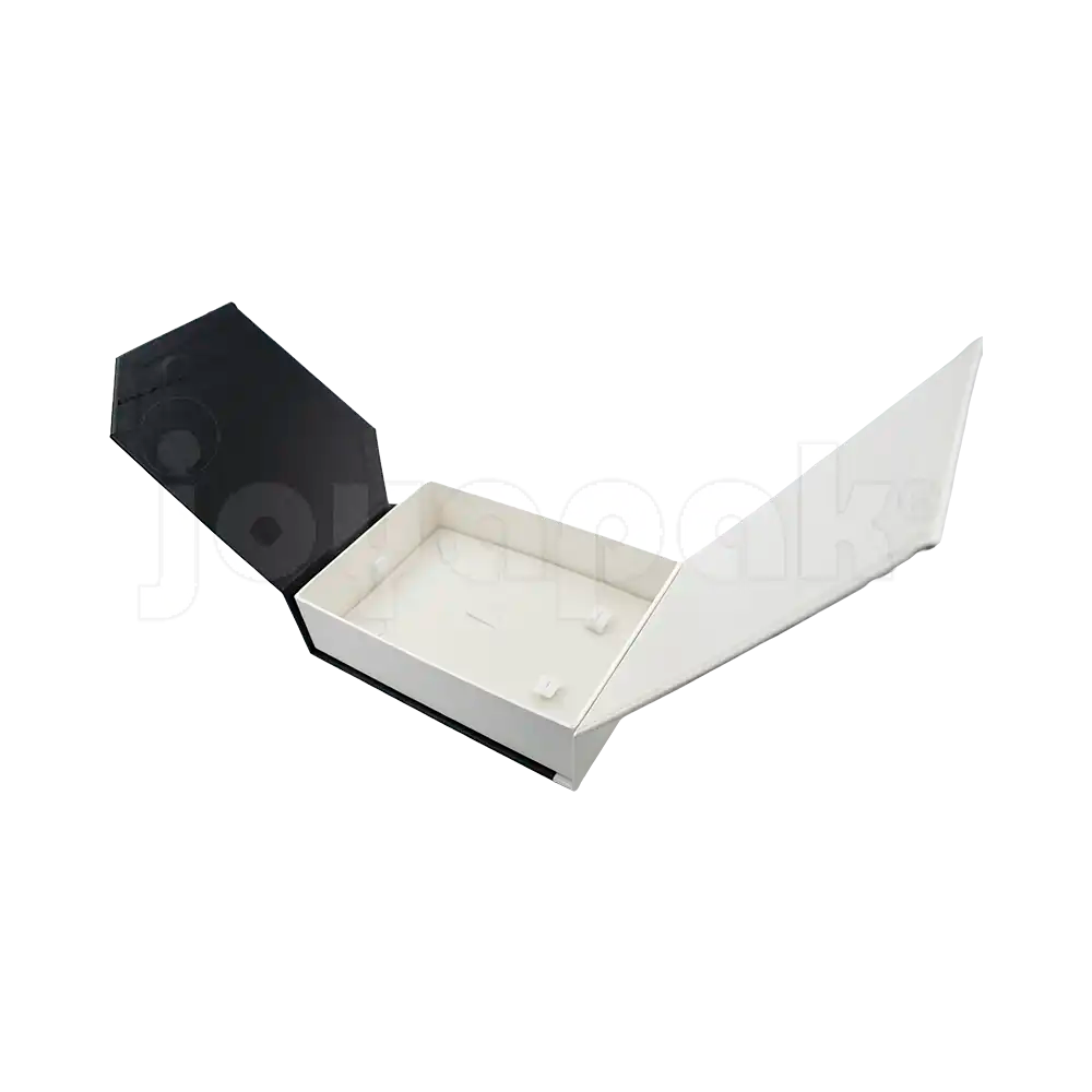 Caja de cartón Gemini para collar grande, aretes y anillo negro abierta