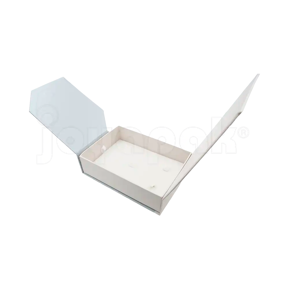 Caja de cartón Gemini para collar grande, aretes y anillo gris abierta