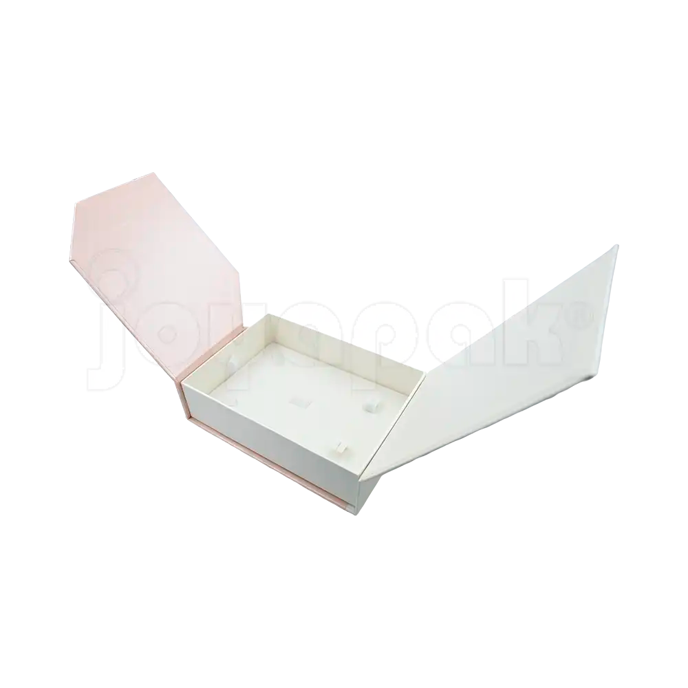 Caja de cartón Gemini para collar grande, aretes y anillo rosa abierta