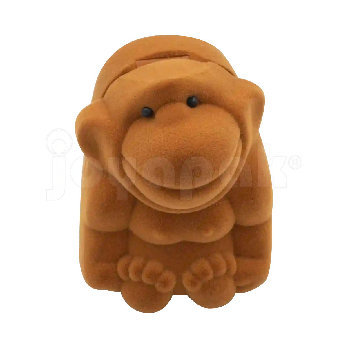 Estuche Flock de terciopelo con figura de orangután café para anillo, caja cerrada vista frontal.