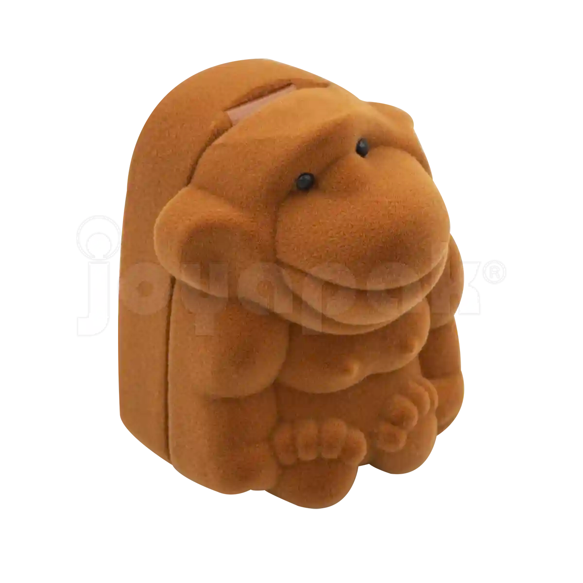 Estuche Flock de terciopelo con figura de orangután café para anillo, caja abierta mostrando ranura interior vacía.
