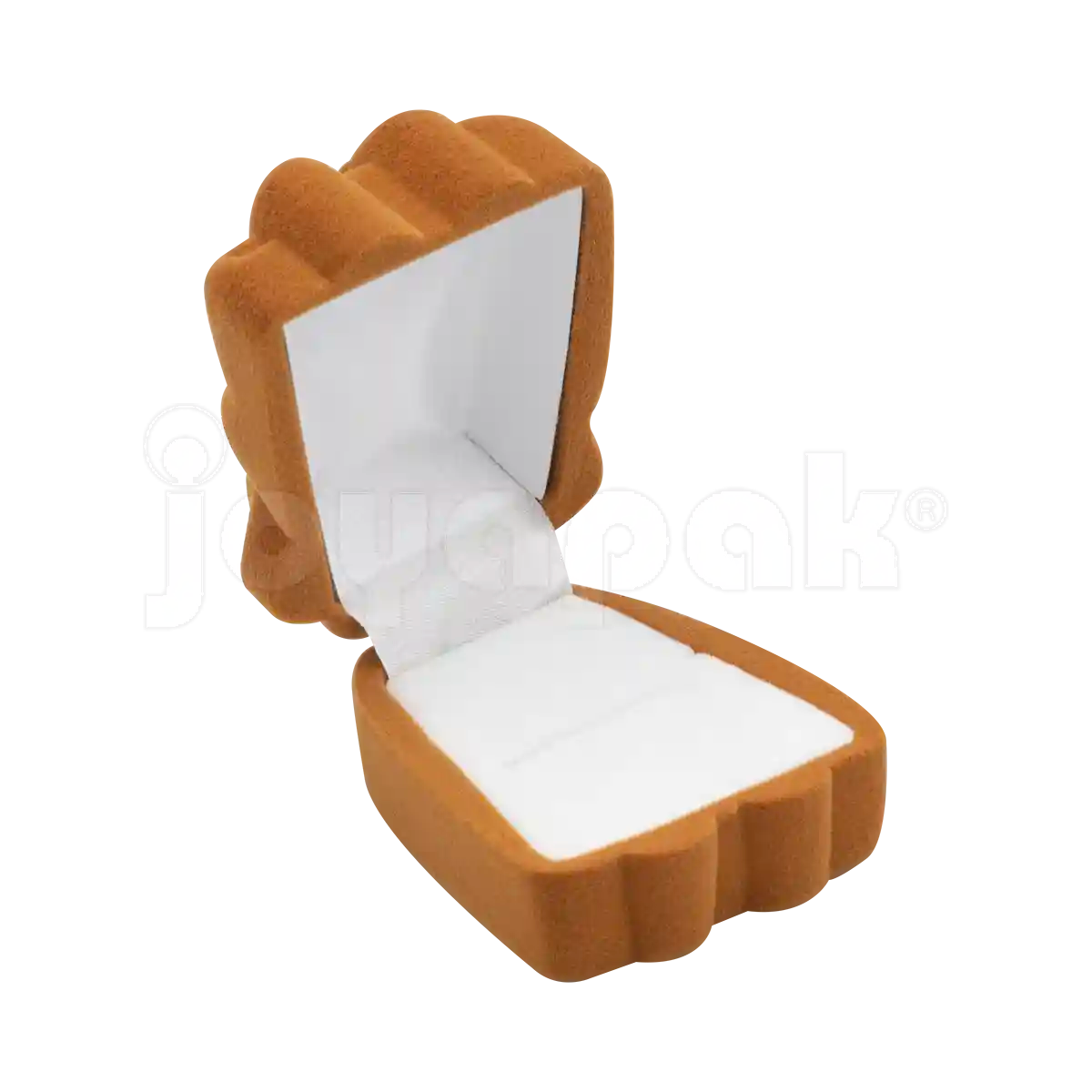 Estuche Flock de terciopelo con figura de orangután café para anillo, caja abierta mostrando sortija infantil colocada.