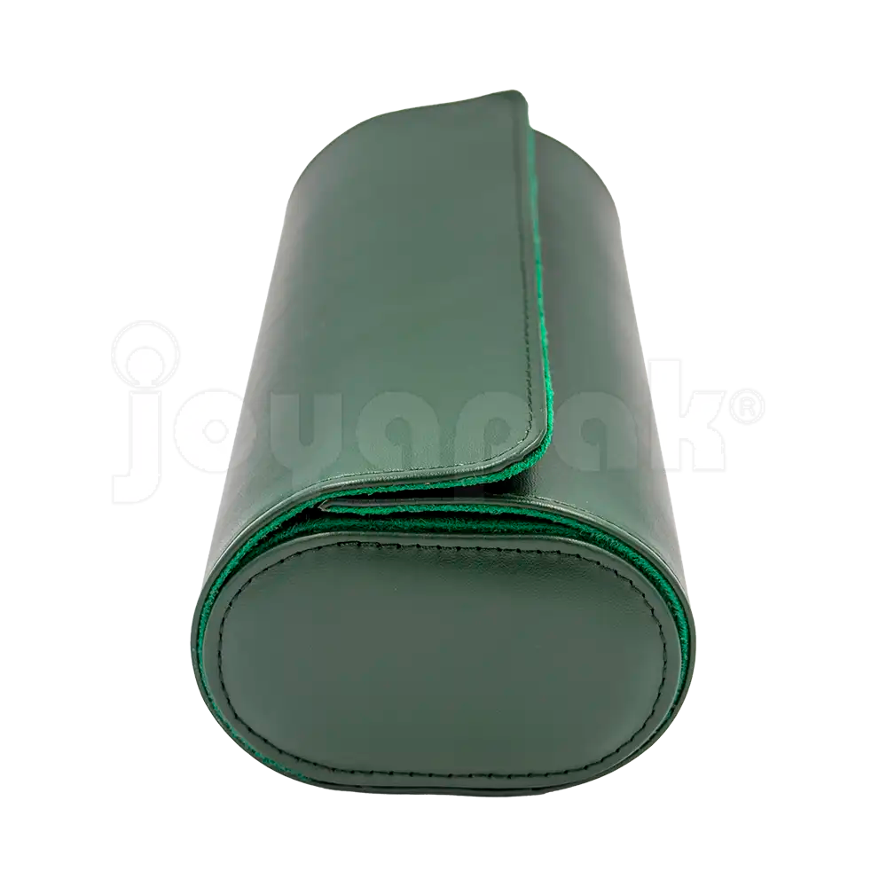 Estuche de imitación piel color verde esmeralda para 3 relojes, estuche abierto mostrando ranuras vacías.