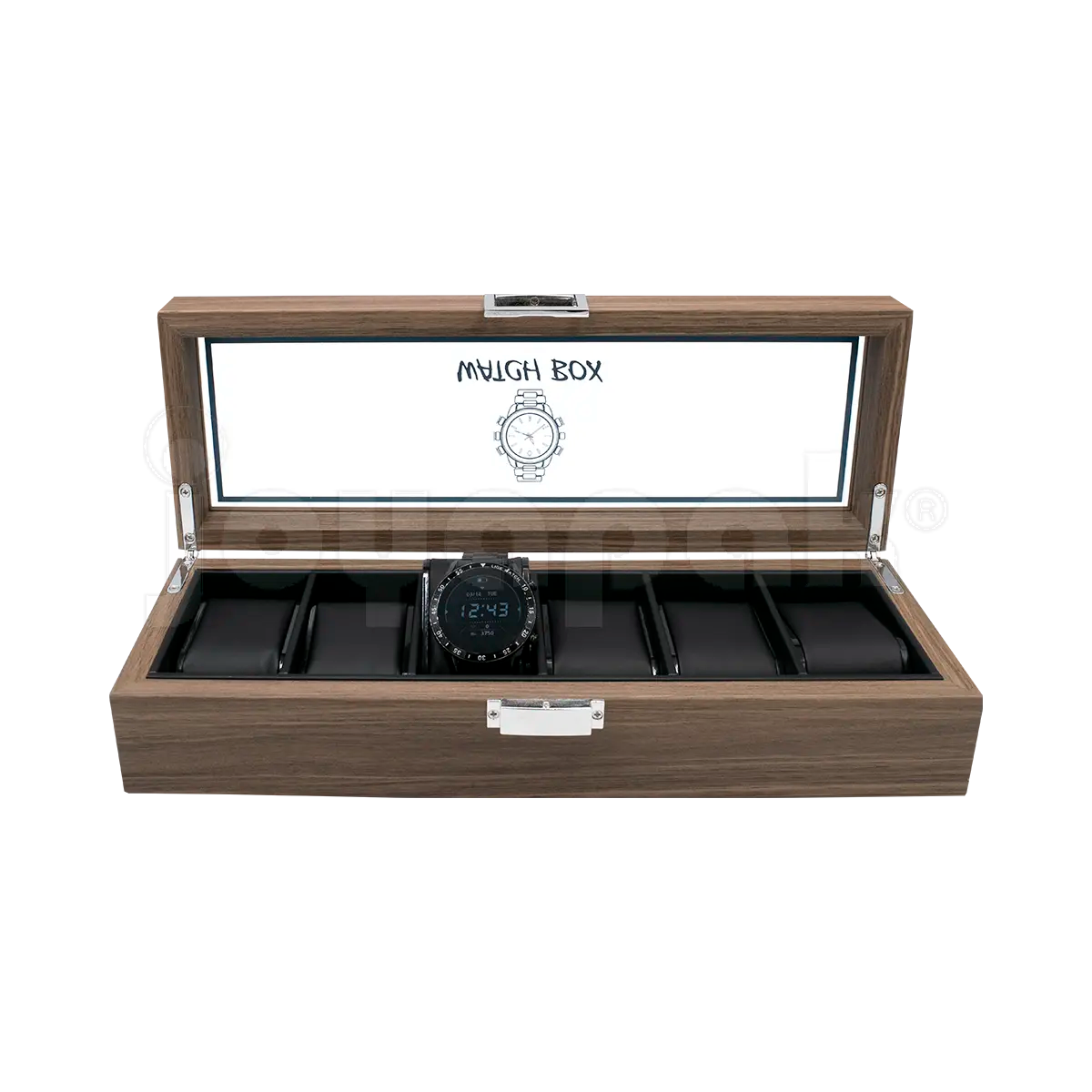Estuche de madera Negro en ángulo mostrando joyería: relojes.