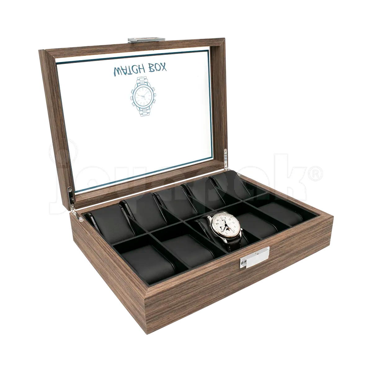 Estuche de madera Negro en ángulo mostrando joyería: diez relojes.
