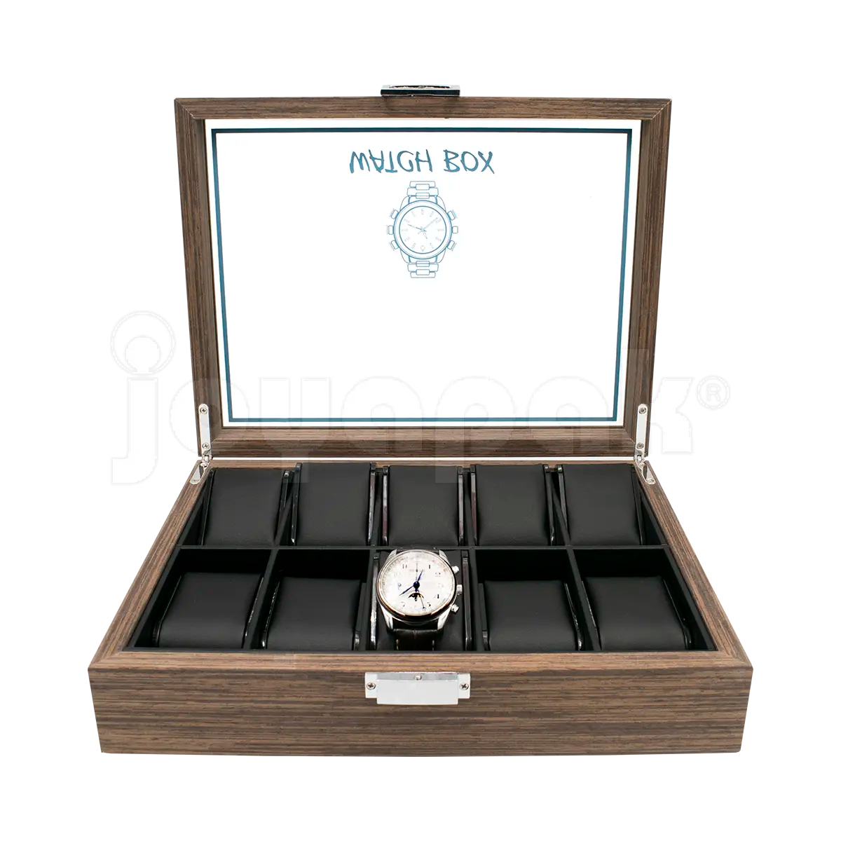 Estuches de madera Negro para diez relojes abiertos y cerrados.
