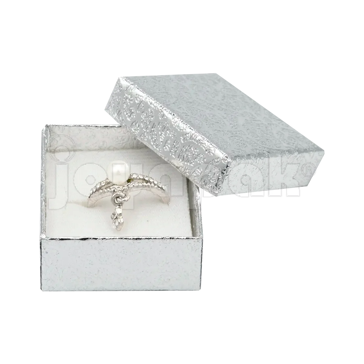 Estuche plateado para joyería con interior de terciopelo para proteger aretes y broqueles.