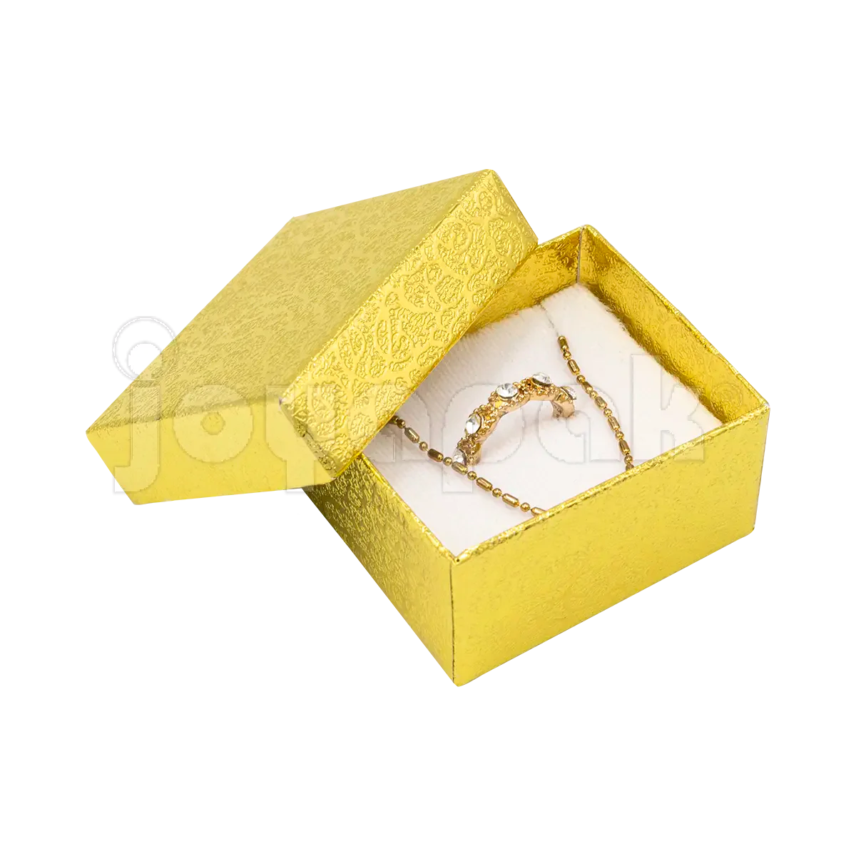 Estuche cuadrado para anillo o broquel dorado con elegante interior de terciopelo.