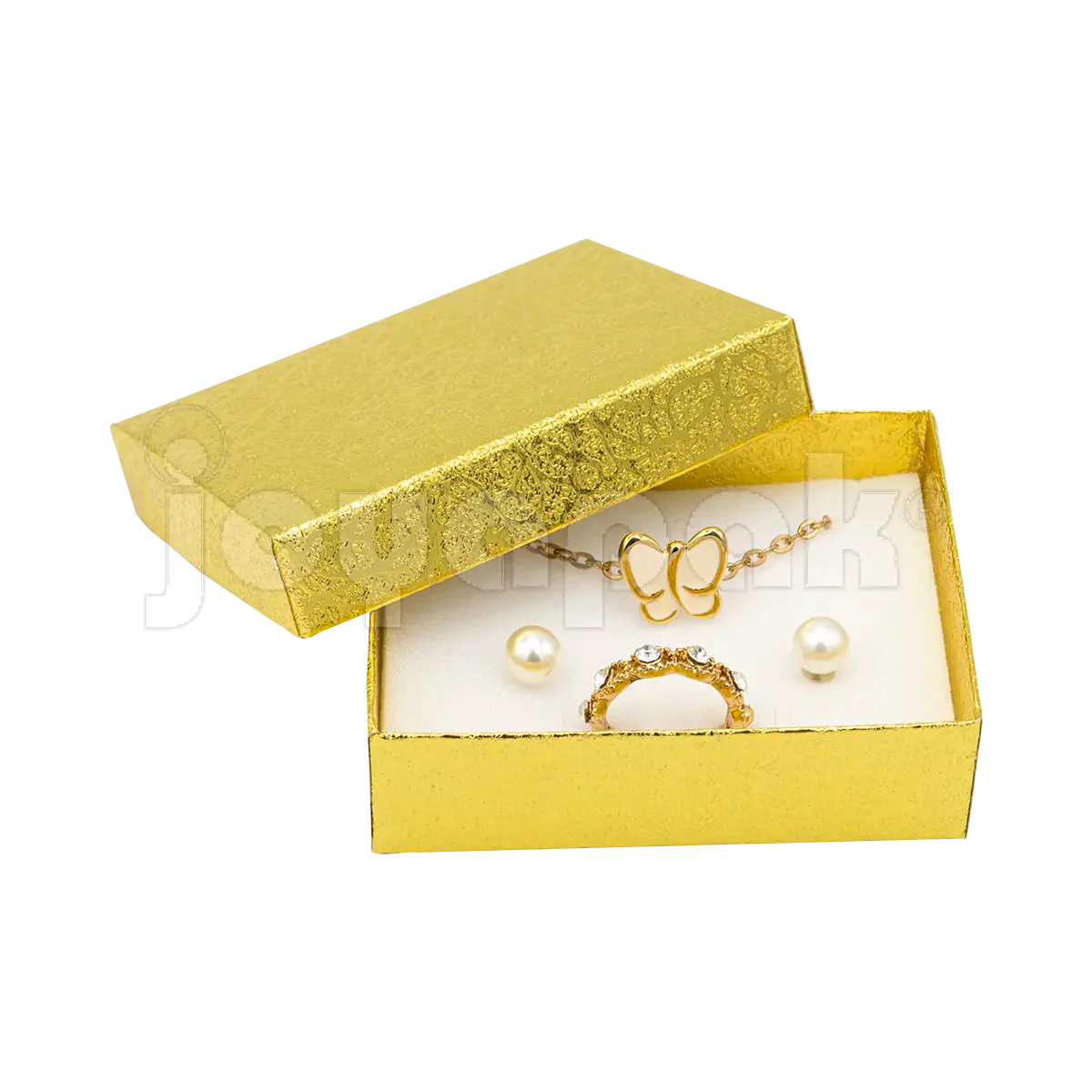 Estuche cuadrado para coordinados de joyería con acabado metalizado dorado y interior de terciopelo.