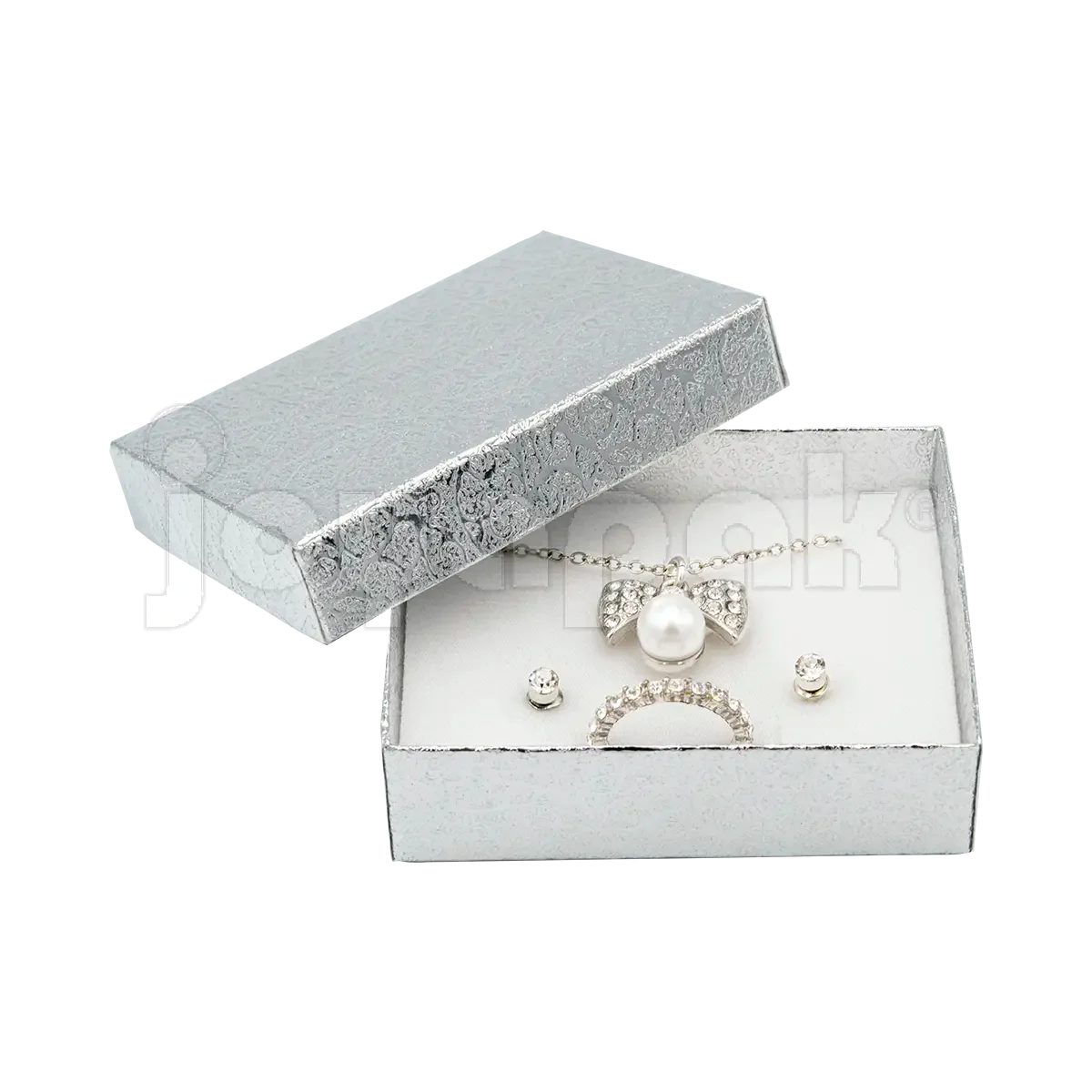 Estuche plateado para juegos de aretes y broqueles con opción de logo impreso gratis.