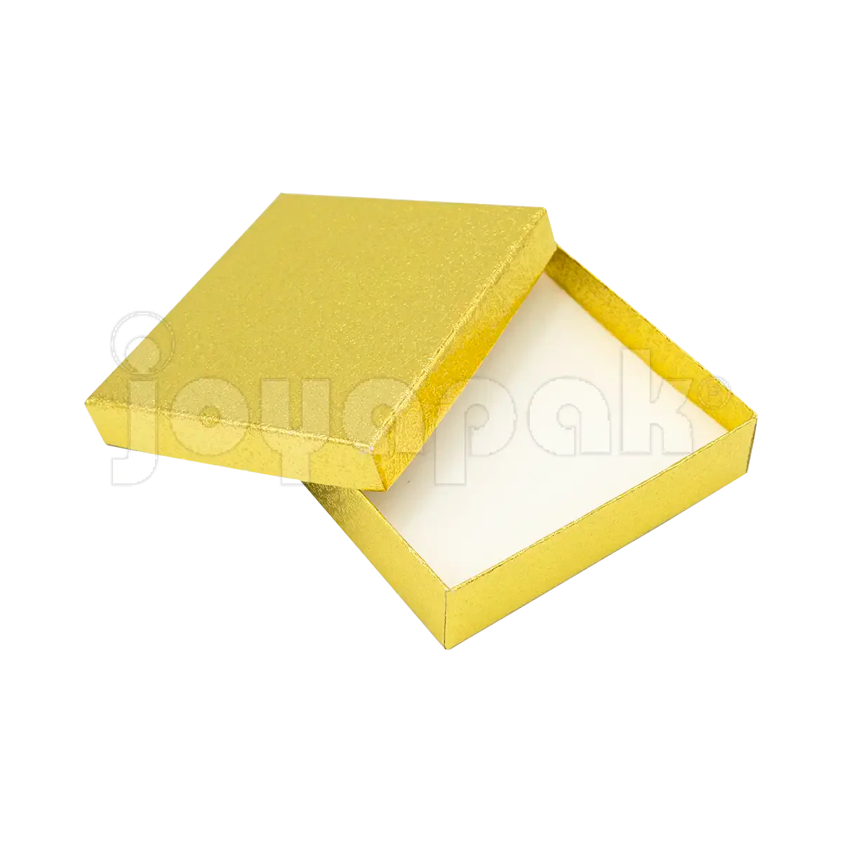 Empaque de lujo para joyeros con opción a logo gratis, caja Estrella Cuadrada dorada, vista interior.