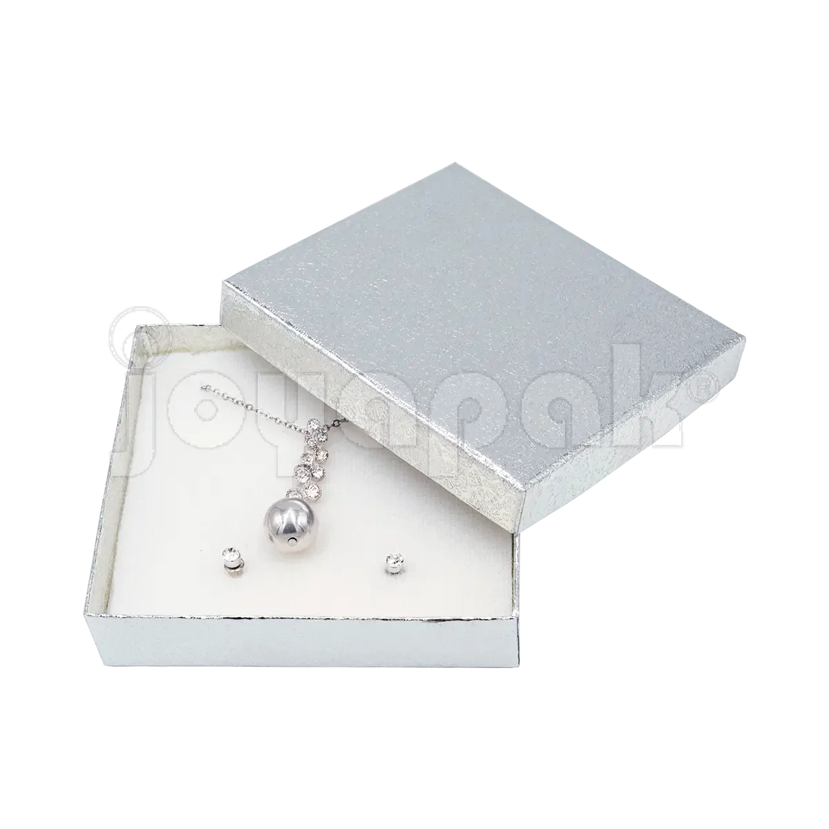 Empaque para joyería de mayoreo en México, caja Estrella Cuadrada color plata con inserto de terciopelo.
