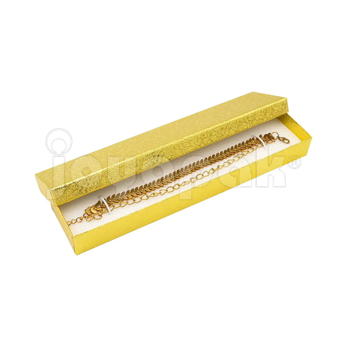 Estuche alargado dorado con interior de terciopelo para proteger y exhibir pulseras.