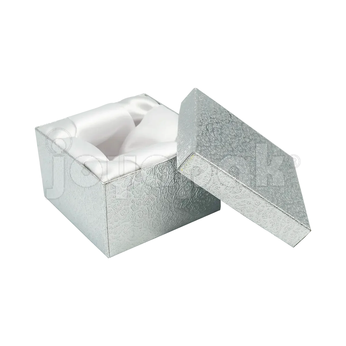Empaque para joyeros en México, caja para reloj plateada de mayoreo con cojín protector.