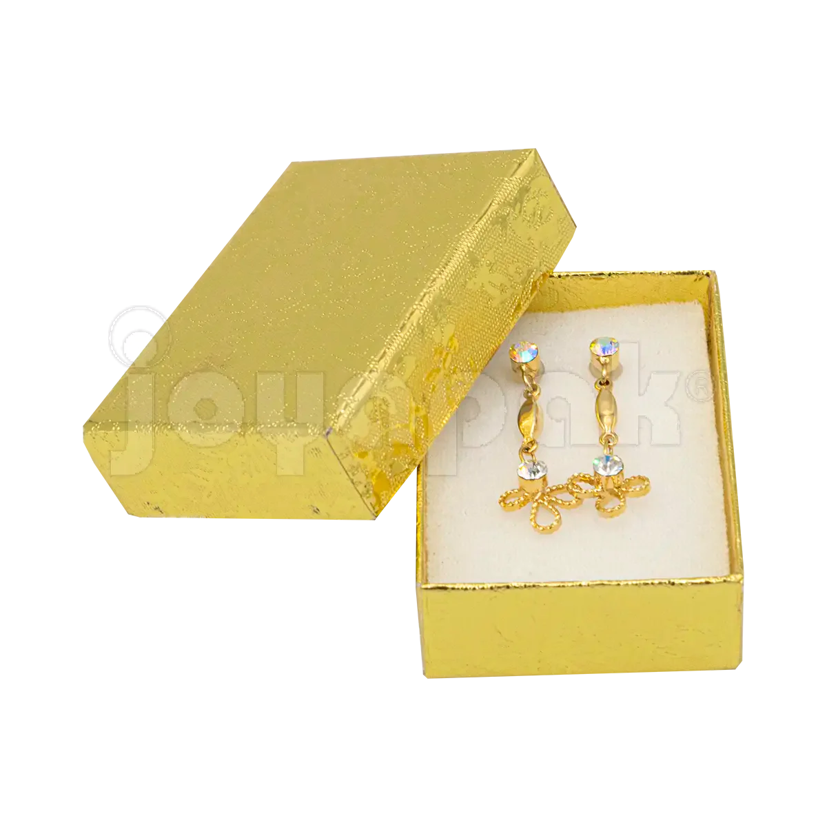 Broqueles de oro presentados dentro de la caja Fiore dorada mini para mostrar tamaño y uso.