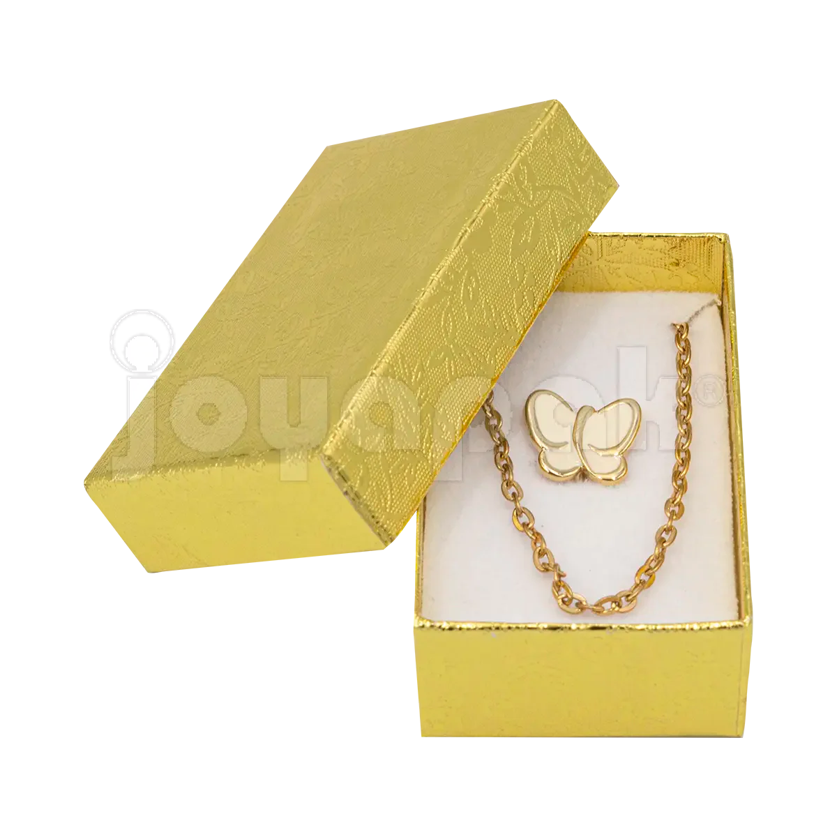 Caja Fiore chica dorada sosteniendo una cadena de oro para mostrar su tamaño y elegancia.