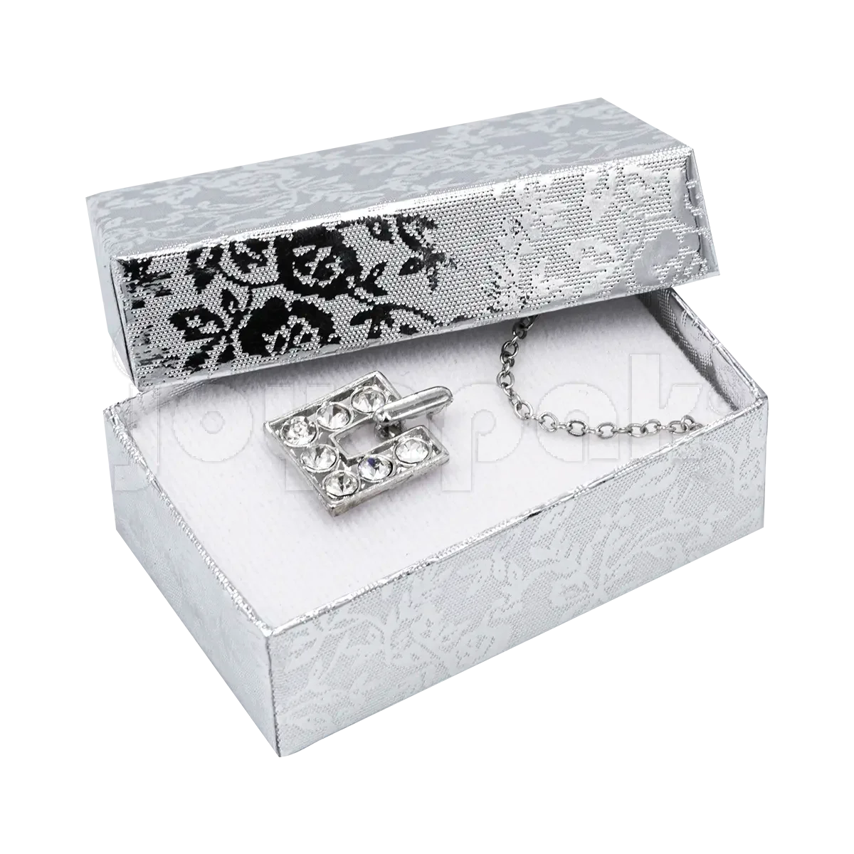 Caja Fiore chica plateada sosteniendo un broquel de plata para mostrar su tamaño y elegancia.