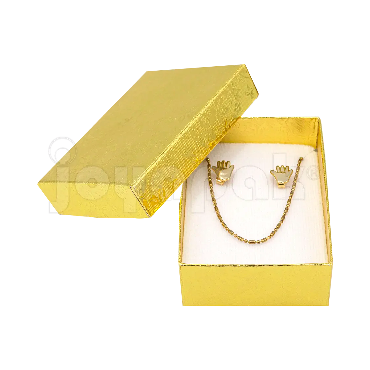 Interior de la caja Fiore mediana con inserto de terciopelo y ranuras para colocar un juego de aretes y dije.