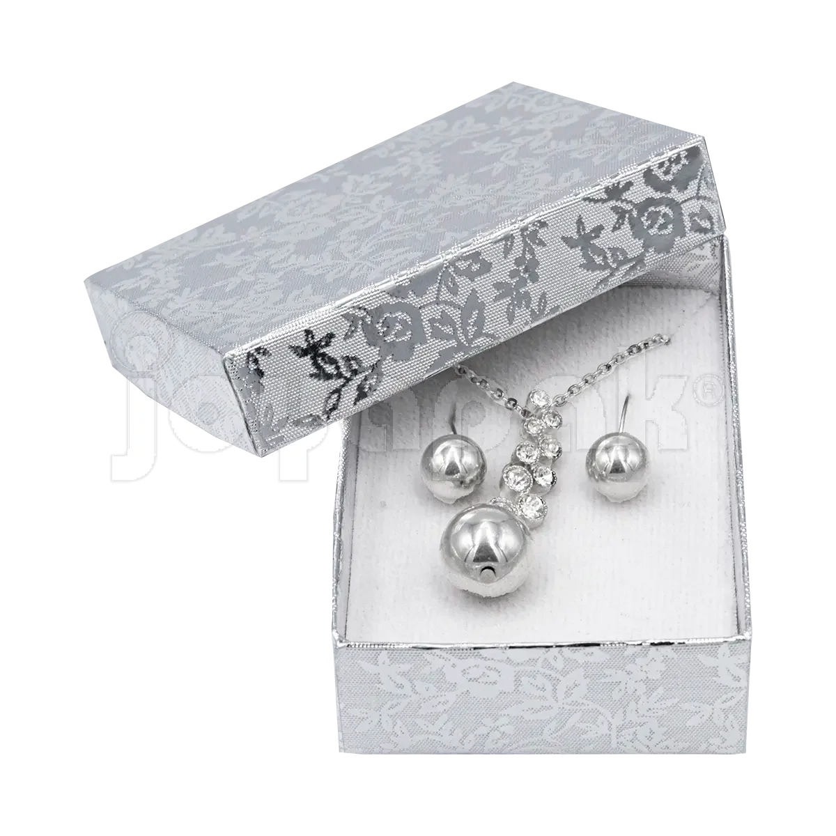Un coordinado de collar y aretes de plata presentado dentro de la caja Fiore mediana abierta.