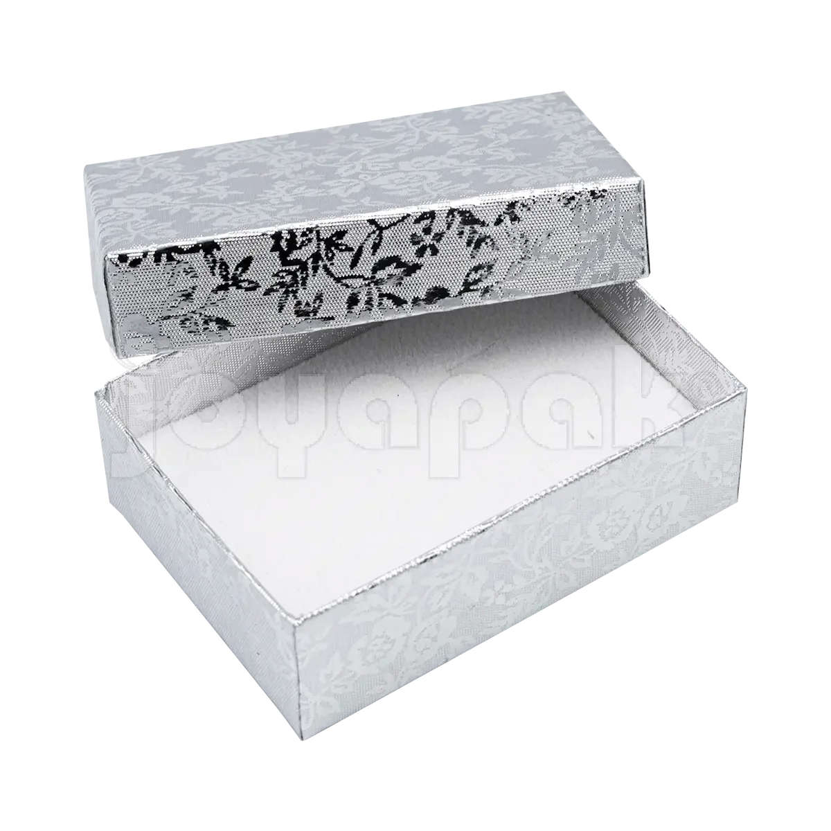 Interior de la caja Fiore mediana con inserto de terciopelo y ranuras para colocar un juego de aretes y dije.