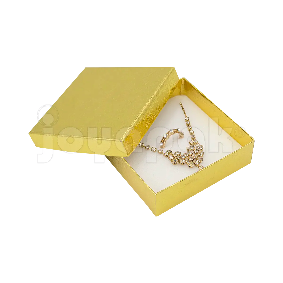 Interior de la caja Fiore cuadrada con cojín de terciopelo y elásticos para sujetar una pulsera.