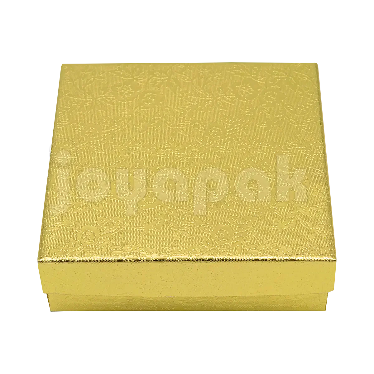 "Caja Fiore cuadrada para pulsera en color dorado con elegante acabado metalizado y diseño floral.