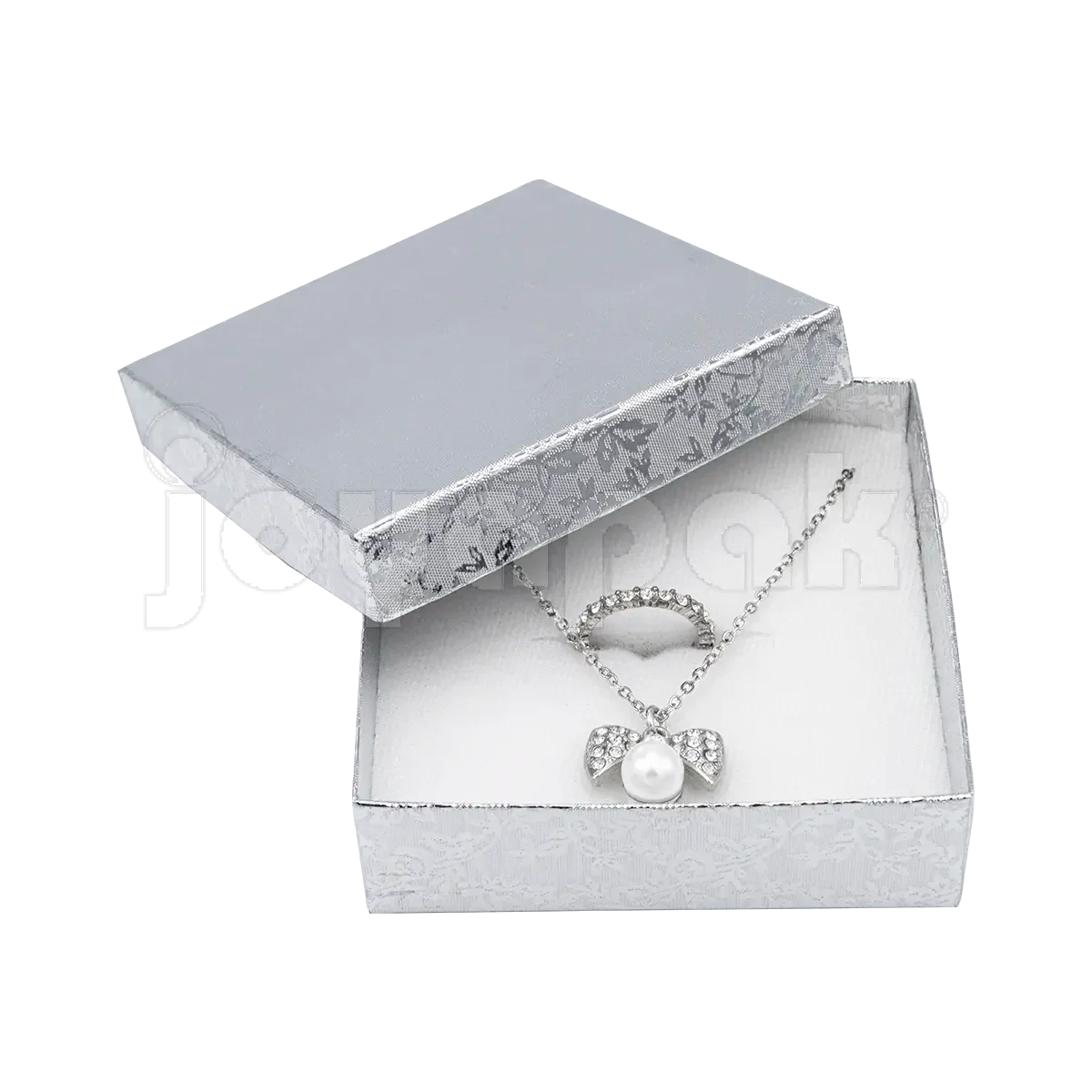 Pulsera de plata presentada elegantemente dentro de la caja Fiore cuadrada abierta para mostrar su uso.