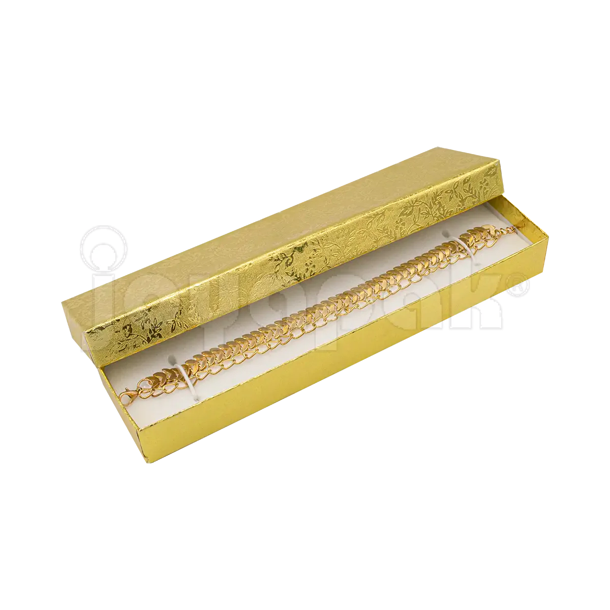 Interior de la caja Fiore para pulsera mostrando el cojín de terciopelo con elásticos para sujetar la pieza.