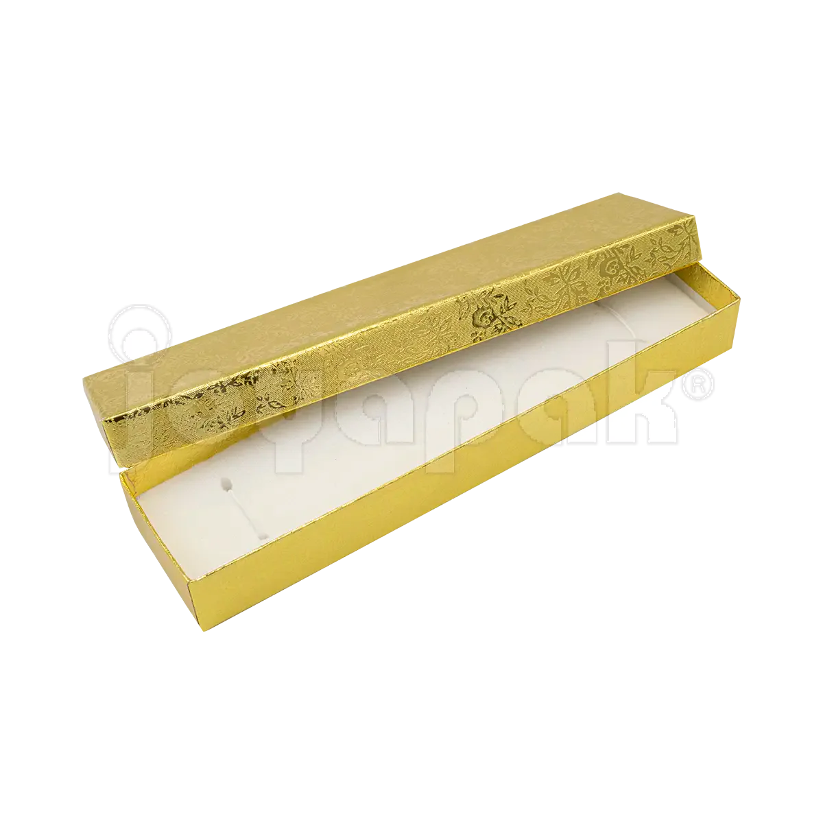 Interior de la caja Fiore para pulsera mostrando el cojín de terciopelo con elásticos para sujetar la pieza.