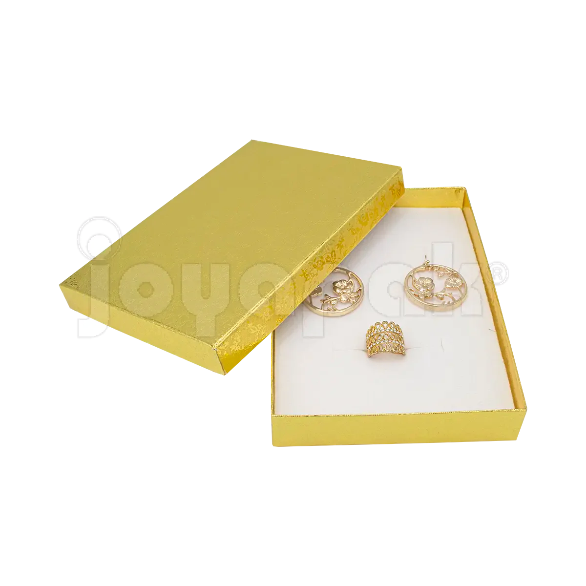 Un juego de collar y aretes de fiesta presentado de forma elegante dentro de la caja Fiore dorada grande abierta.