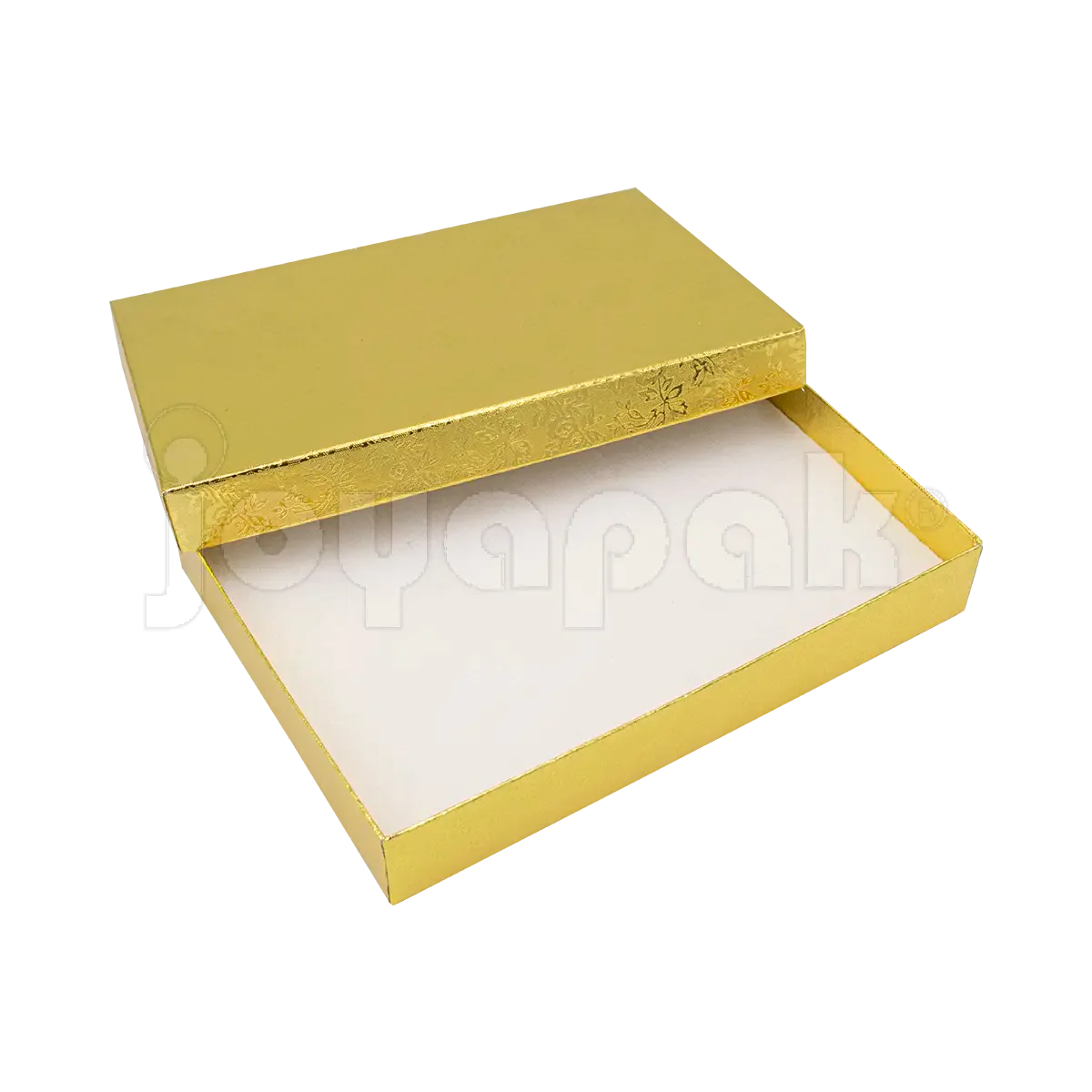 Interior de la caja Fiore dorada grande con inserto de terciopelo y múltiples ranuras para acomodar un collar y aretes.