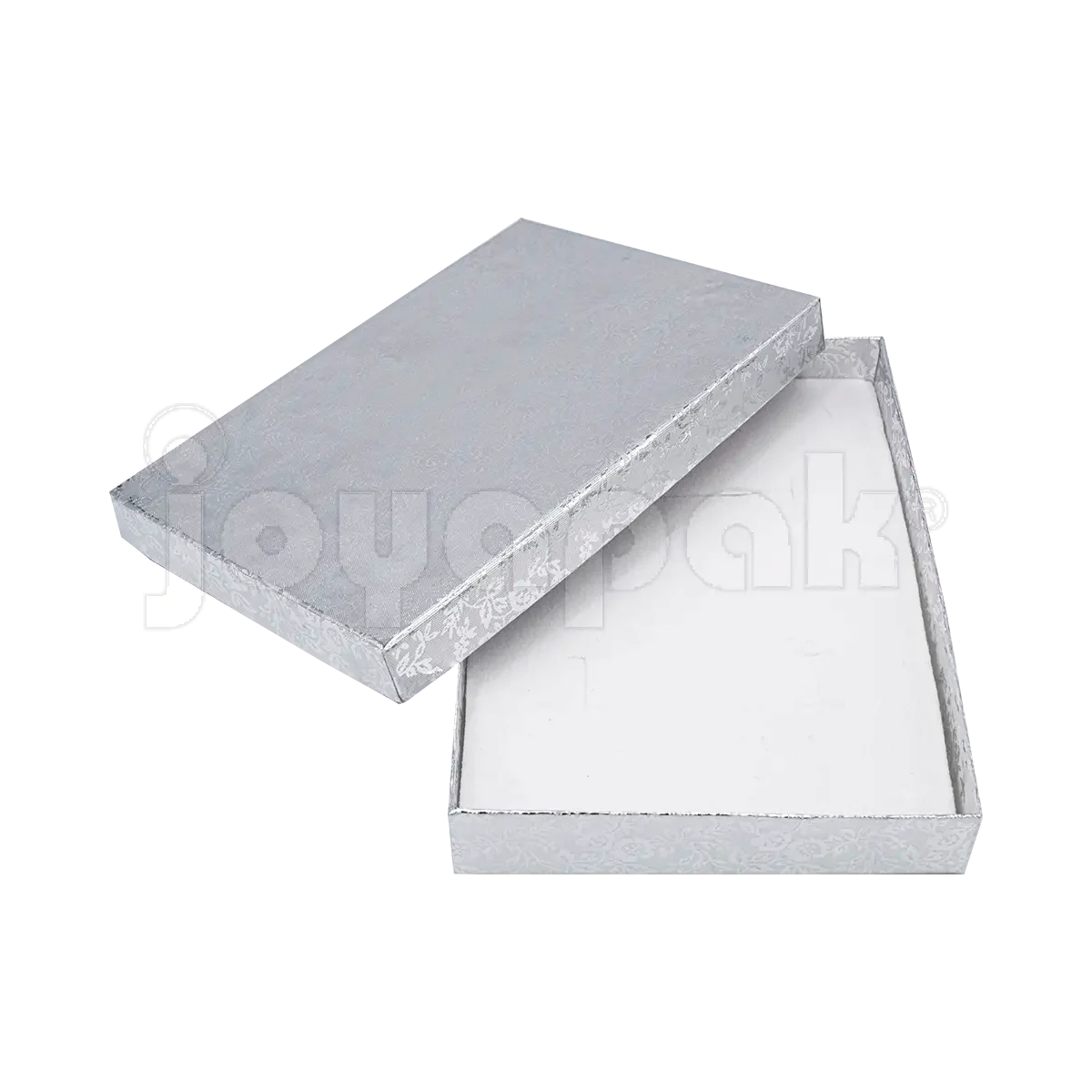 Interior de la caja Fiore plateada grande con inserto de terciopelo y múltiples ranuras para acomodar un collar y aretes.