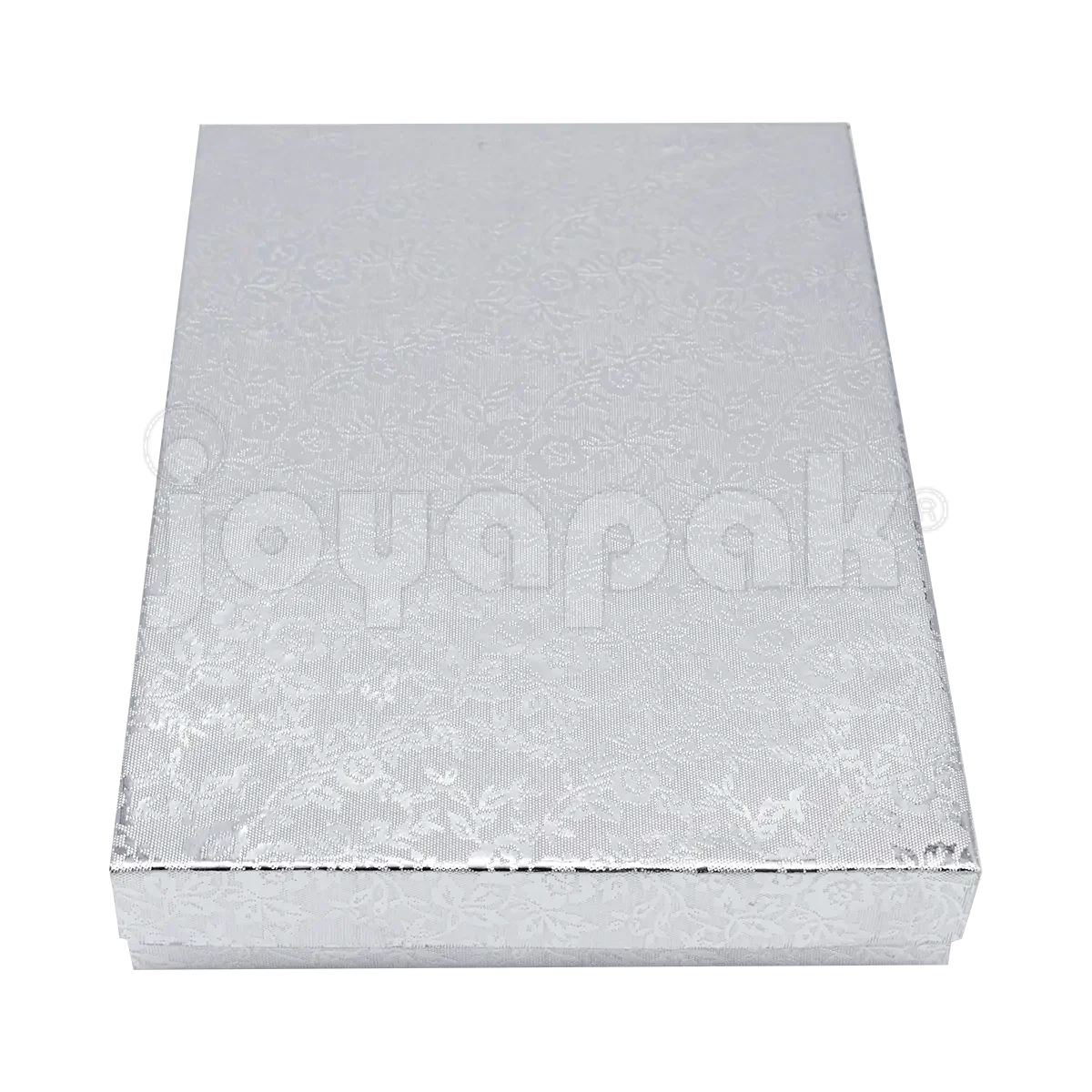 Caja para juego de collar y aretes modelo Fiore en un elegante acabado plateado metalizado.