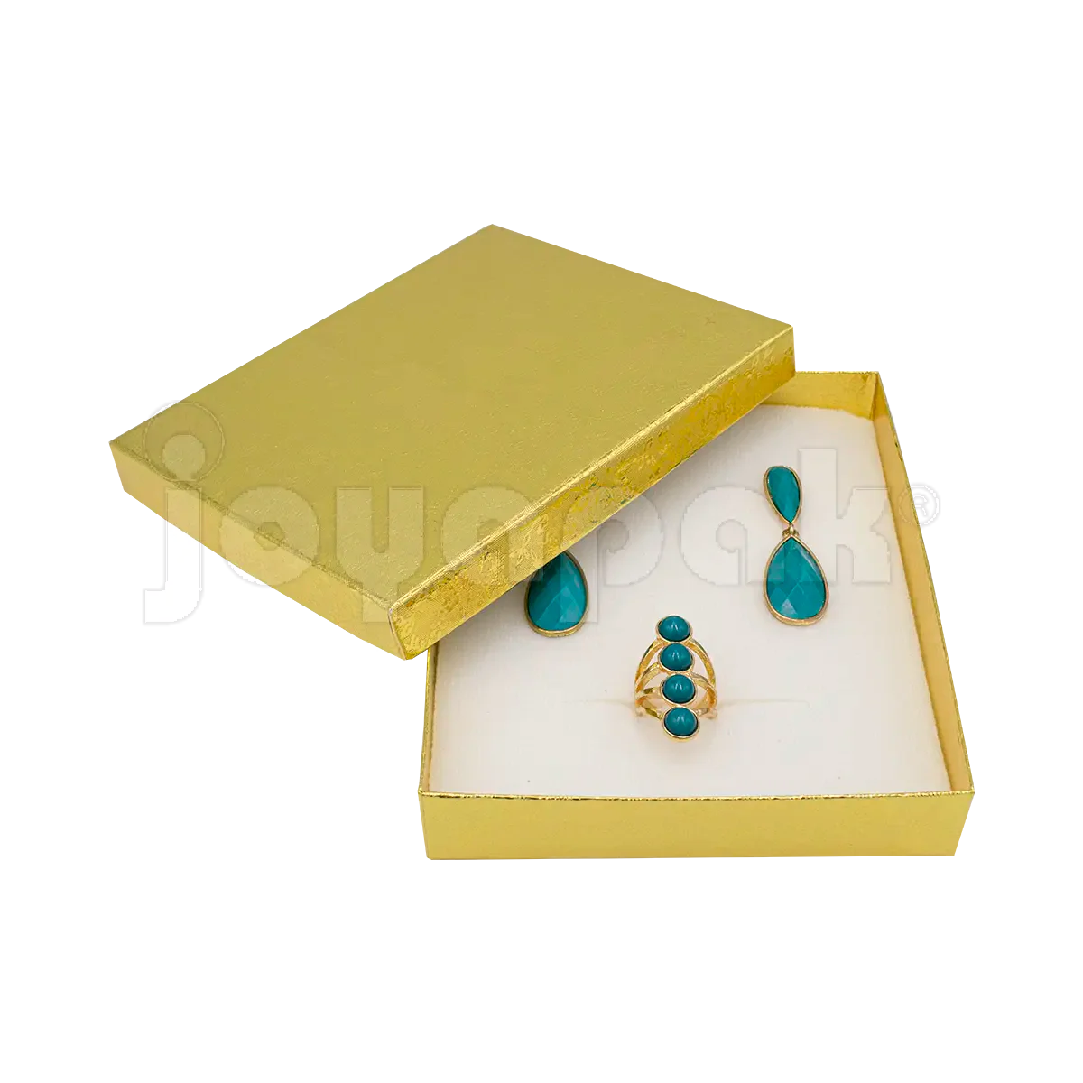 Un coordinado de collar y aretes de plata presentado dentro de la caja Fiore dorada abierta para mostrar su tamaño y ajuste.