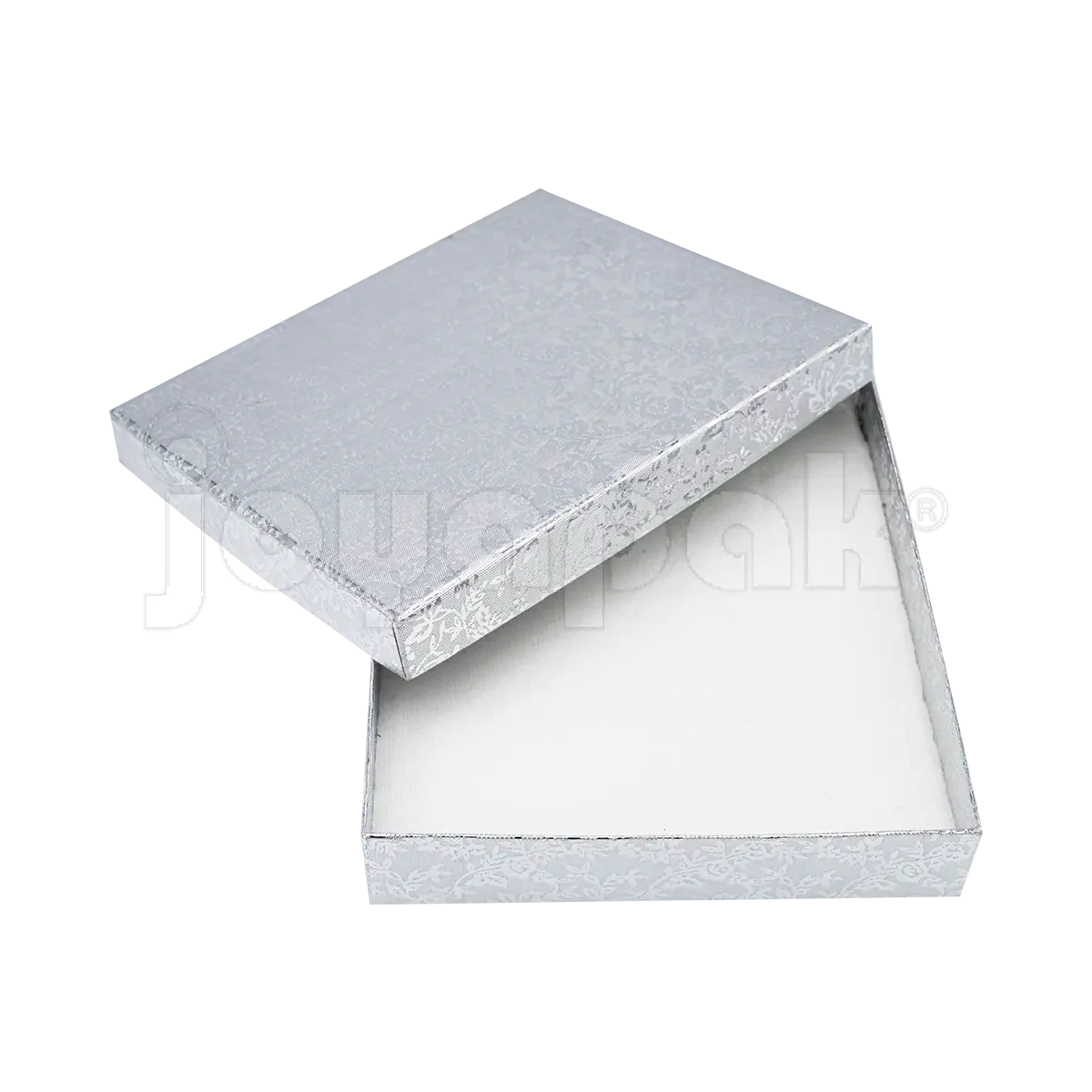 Interior de la caja Fiore plateada para collar mostrando el inserto de terciopelo con ranuras para sujetar un collar y aretes.