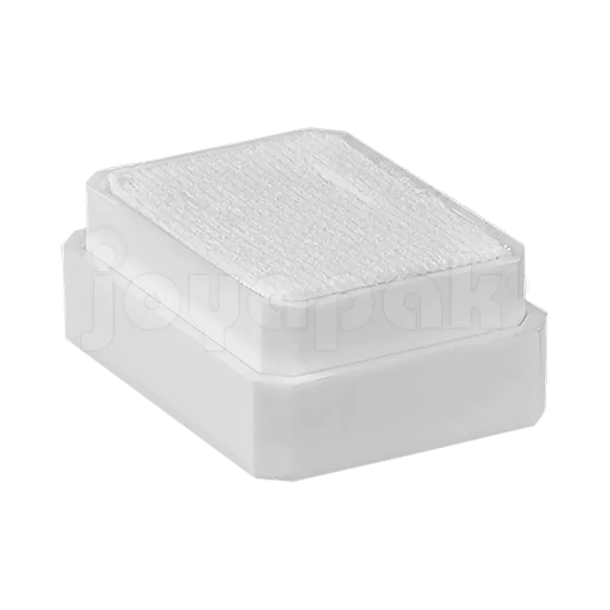 Interior de terciopelo blanco en caja de plástico para aretes, disponible en Joyapak México.