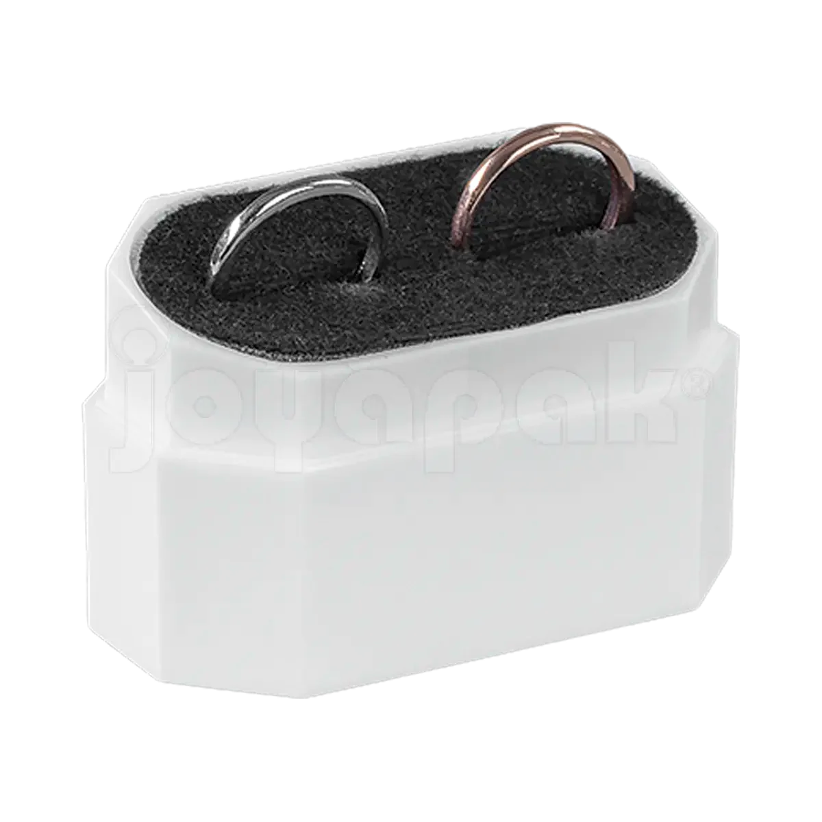 Estuche para argollas con interior de terciopelo negro, ideal para proteger anillos de matrimonio.