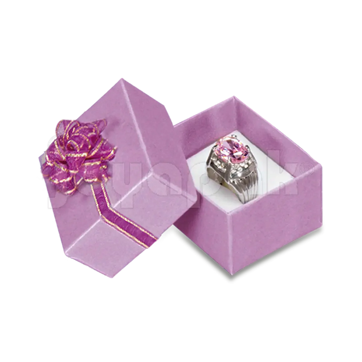 Caja de cartón comercial con impresiones tipo Fashion con moño pequeño para anillo, set de colores surtidos en ángulo.