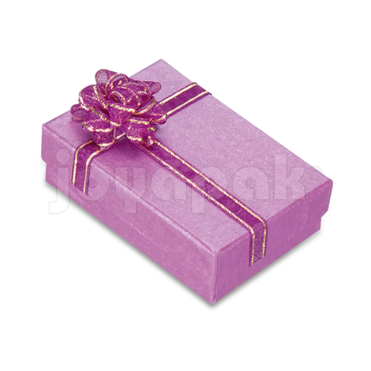 Caja de cartón rectangular para juego de aretes y dije color rosa de la línea Fashion, con moño decorativo.