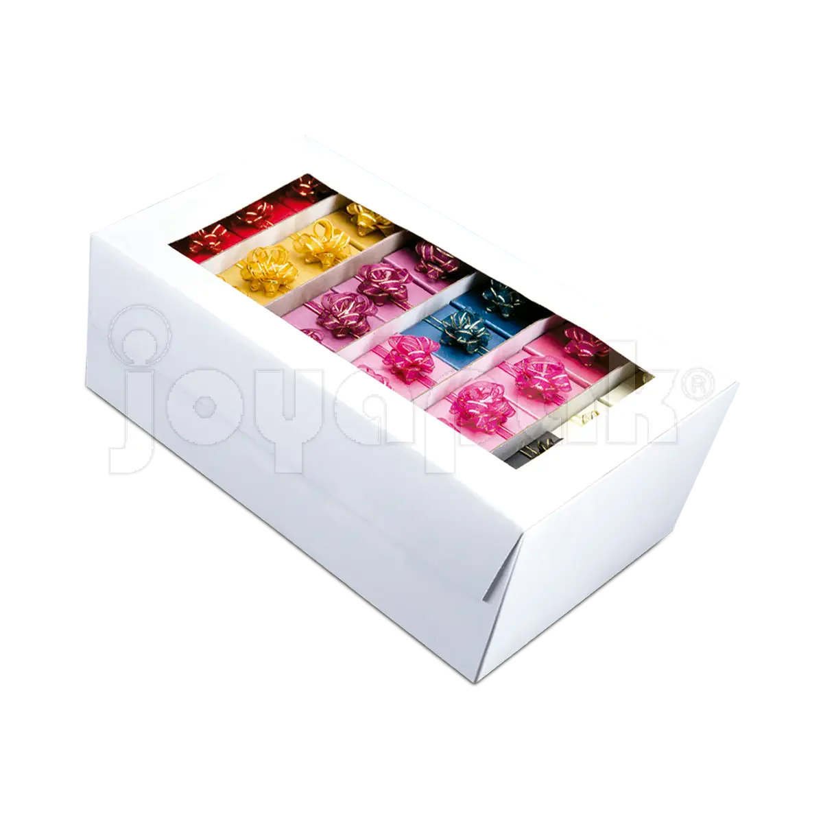 Paquete de 24 cajas para joyería en colores surtidos con moño decorativo.