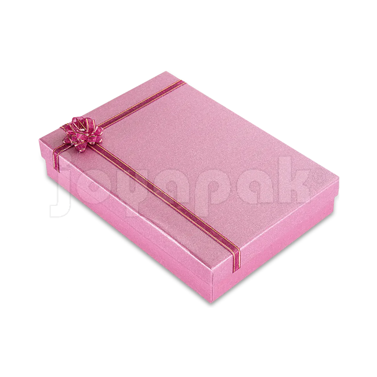 Caja de cartón para collar de la línea Fashion abierta, mostrando el interior blanco y el exterior de diseño colorido con un moño rosa en la tapa.