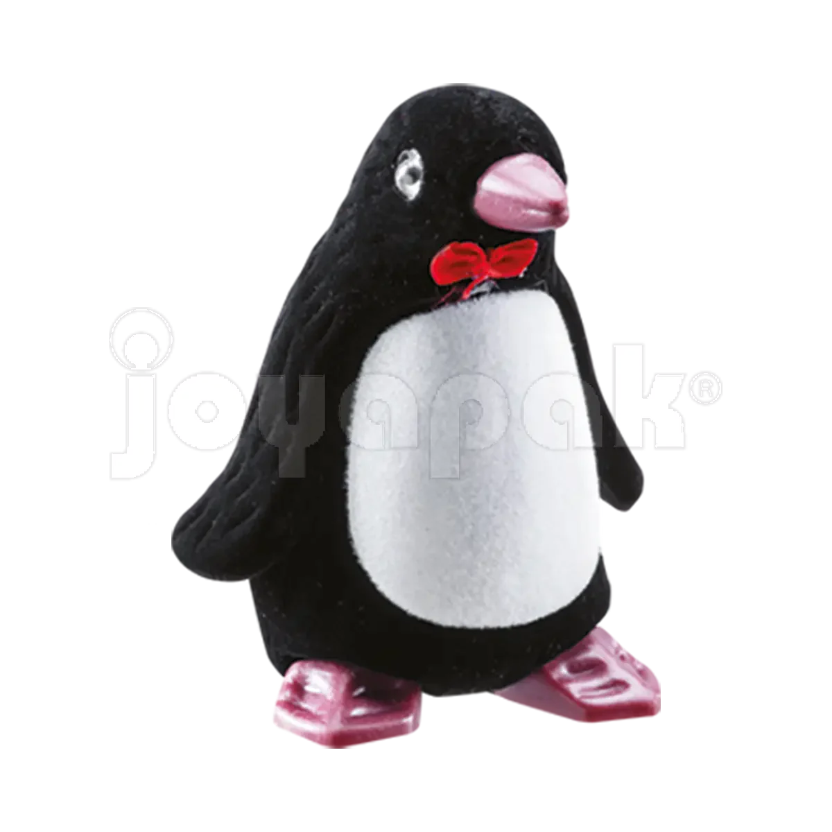 Estuche de terciopelo flocado con figura de pingüino negro y blanco para joyería, vista de frente cerrada.