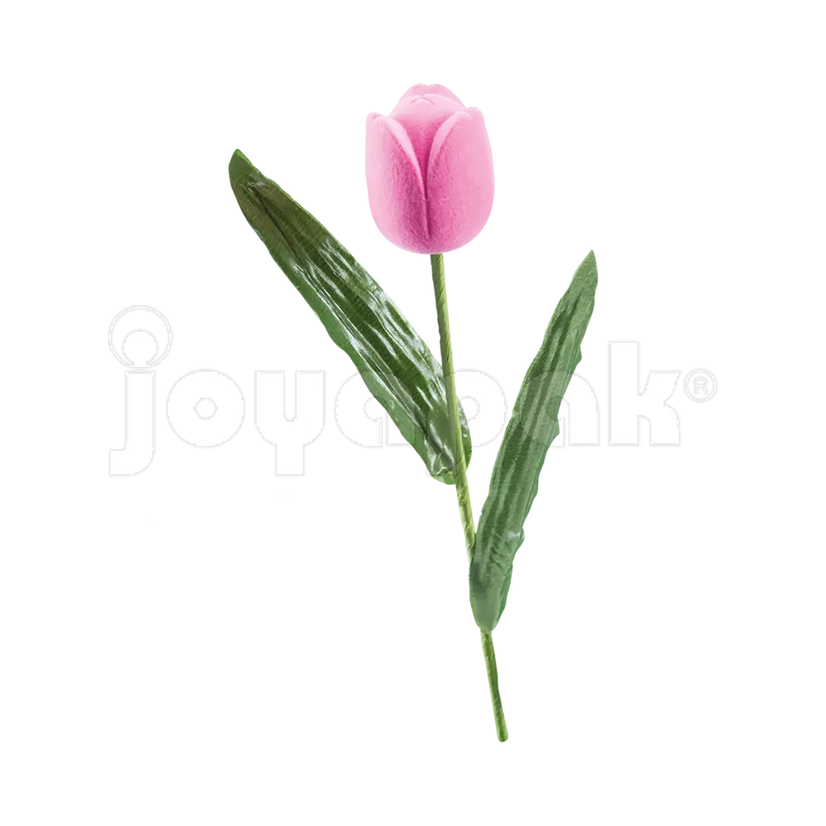 Estuche de terciopelo flocado con figura de rosa rosa pastel con tallo verde para joyería o anillo, vista frontal cerrada.